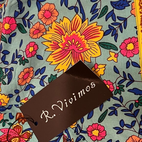 R. Vivimos Long Sleeve Floral Print Boho Midi Dress, NWT, Blue Green, L 12/14 - Picture 6 of 9